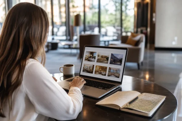 Traveler comparing hotel options on a laptop in a modern hotel lounge