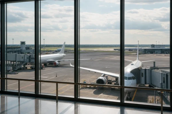 Two aircraft at gates outside a modern international airport terminal