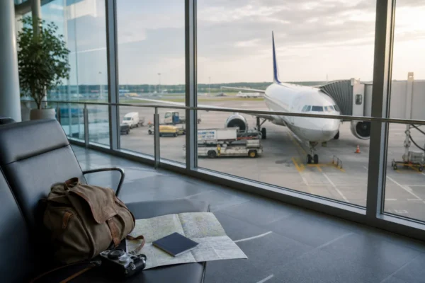 International airport terminal with an aircraft visible through large windows