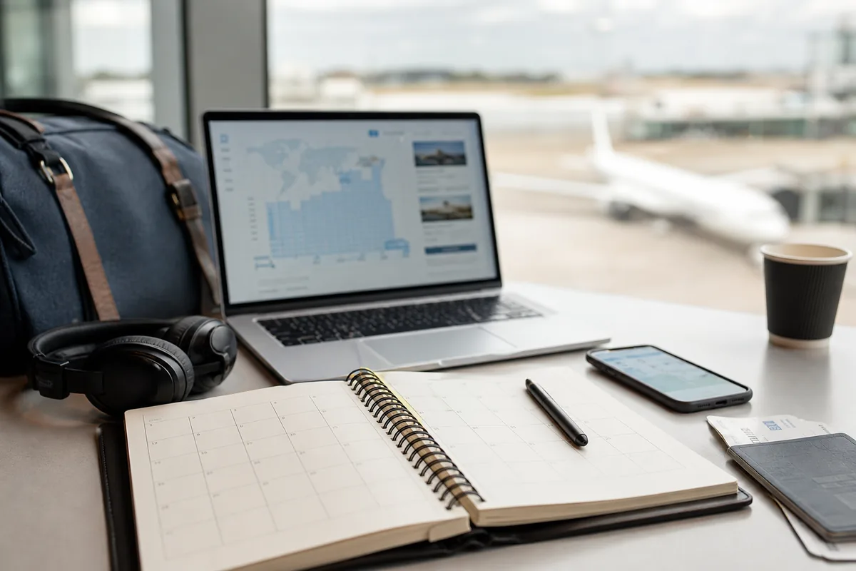 Calendar, laptop and smartphone used for travel planning beside an airport window