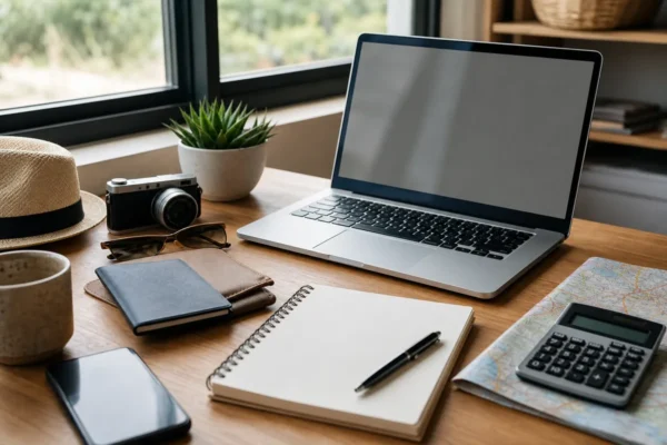 Travel planning desk with laptop, notebook, calculator, map and travel essentials