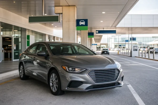 Modern rental car at an international airport pickup area