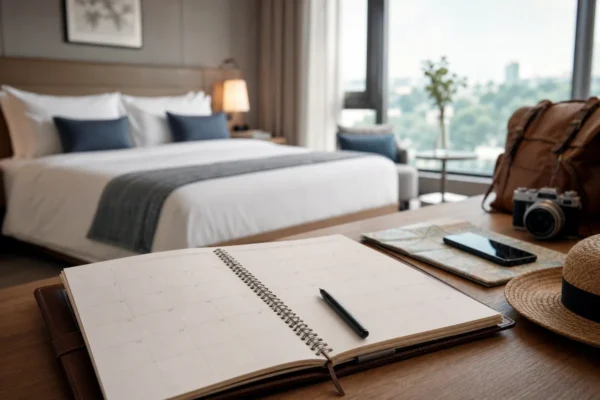 Travel calendar on a desk in an elegant modern hotel room